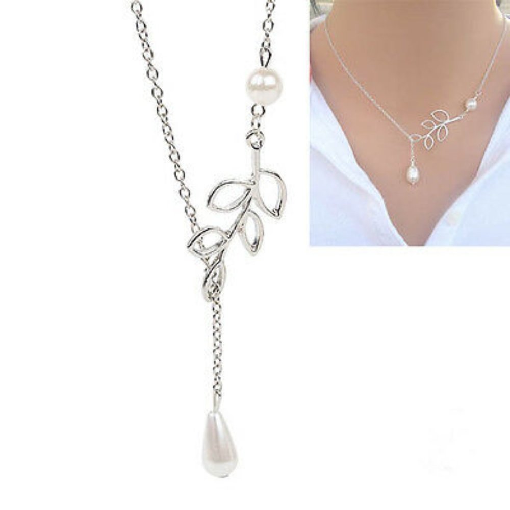 Silver White Pearl Leaf Branch Pendant Lariat Chain Necklace Party Gift